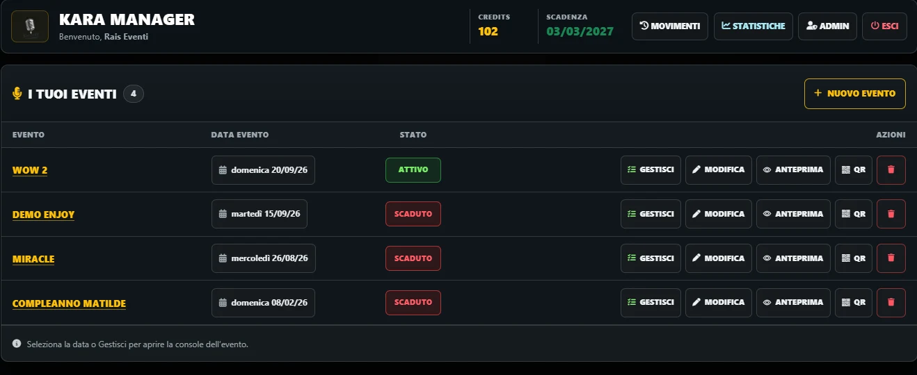 Dashboard KaraManager con elenco eventi e controlli