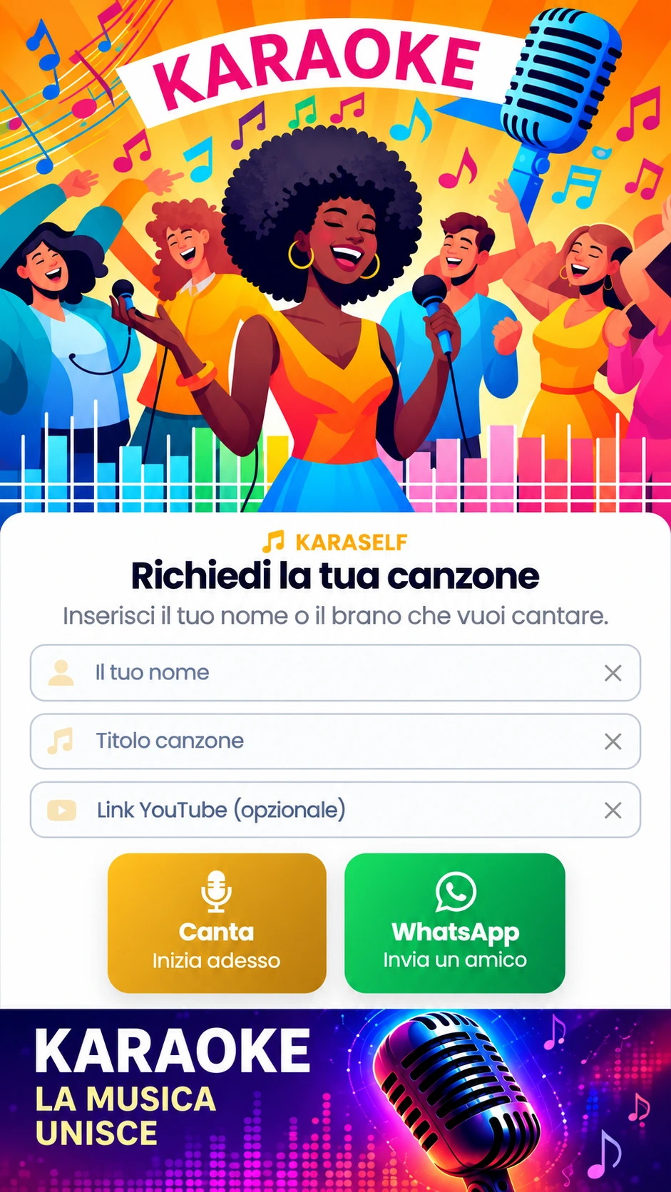 Pagina KaraSelf su smartphone per inviare una richiesta karaoke